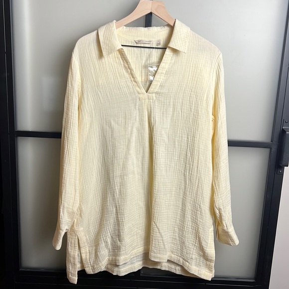 NWOT Soft Surroundings Cream 100% Cotton Collared Tunic Long Sleeve Size Large - Picture 1 of 5